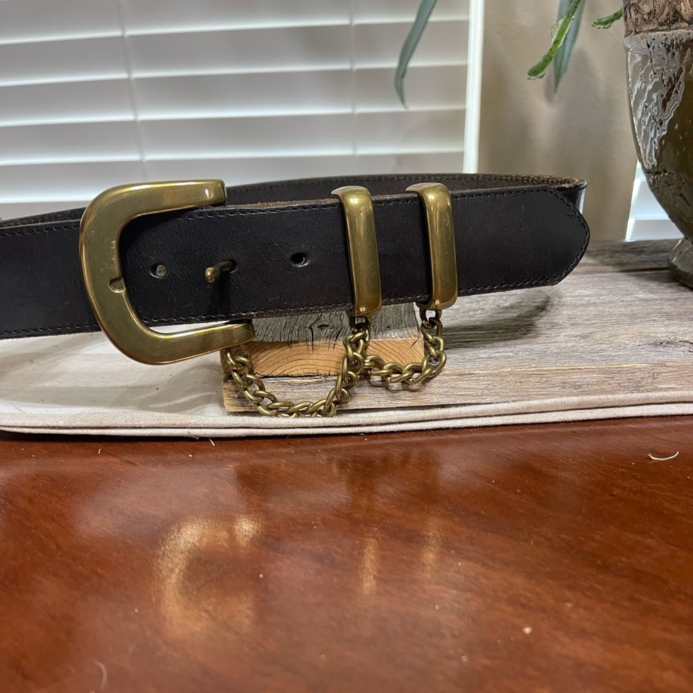 Vintage Fossil Genuine Bridle Leather Belt Brass Buckle Chains Black